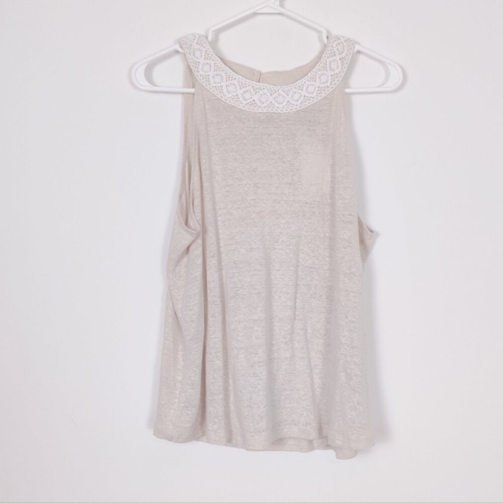 Rachel Zoe 100% Linen Sleeveless Top Crochet Collar Bohemian Vintage Inspired
